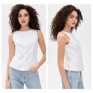 White Sleeveless Button Up Top with Delicate Lace Trim, Sz M Cottagecore Boho